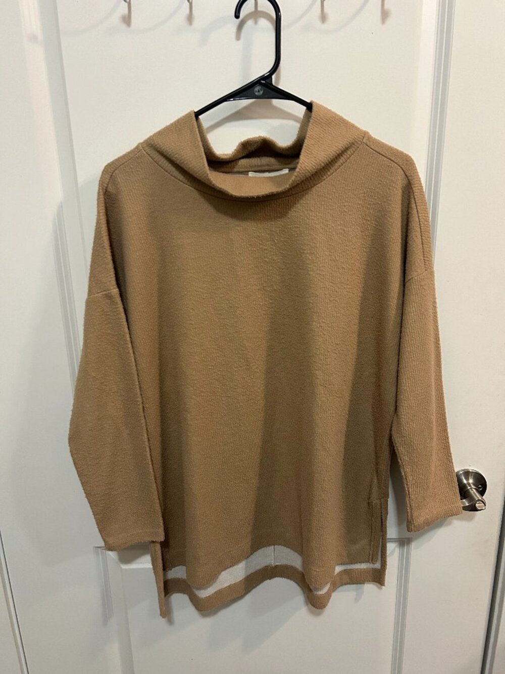 Anthropologie Small Tan Beige Cowl Neck Tunic Sweater Side Slit Oversized Knit